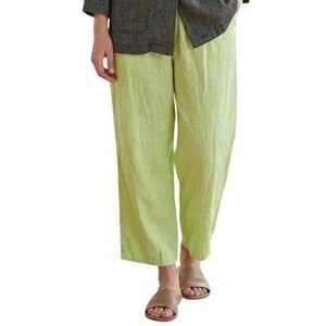 FLAX Linen Cropped Wide Leg Pants Women Size M Lime Green Elastic Waist